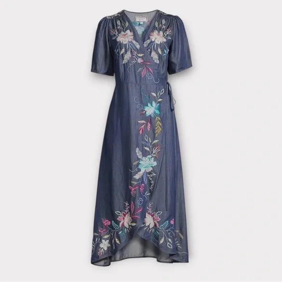 Johnny Was Nico chambray floral embroidery wrap dress